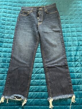Dark Wash Raw Hem Wide Straight Leg Jeans - Blue